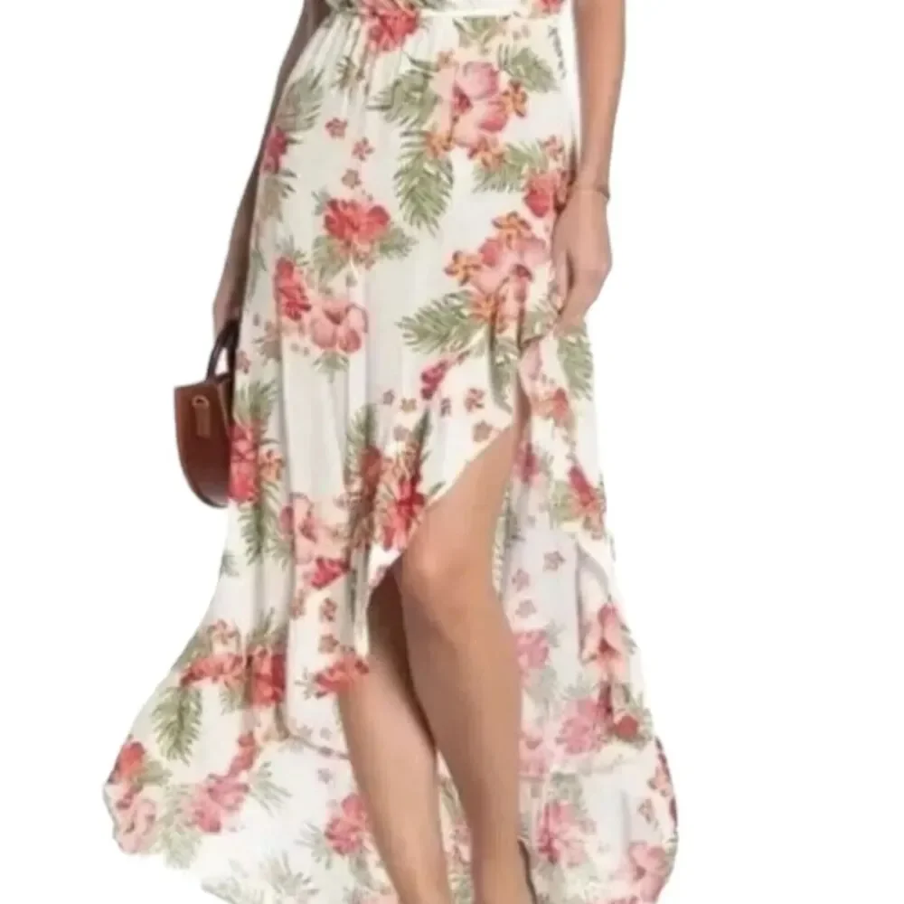 Love...ady Pink Hibiscus Green Front Slit Dress Women's Small Strapless - Picture 10 of 11